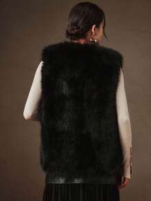 Anewsta Rompi Bulu Imitasi Elegan Musim Gugur/Dingin untuk Wanita, Tanpa Lengan dengan Kantong - Hitam - View 4