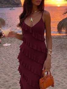 Aloruh Women's Spring/Summer Bohemian Elegant Ruffle Trim Fitted Dress Day Party Dinner Holiday Night Burgundy - Maroon - View 8
