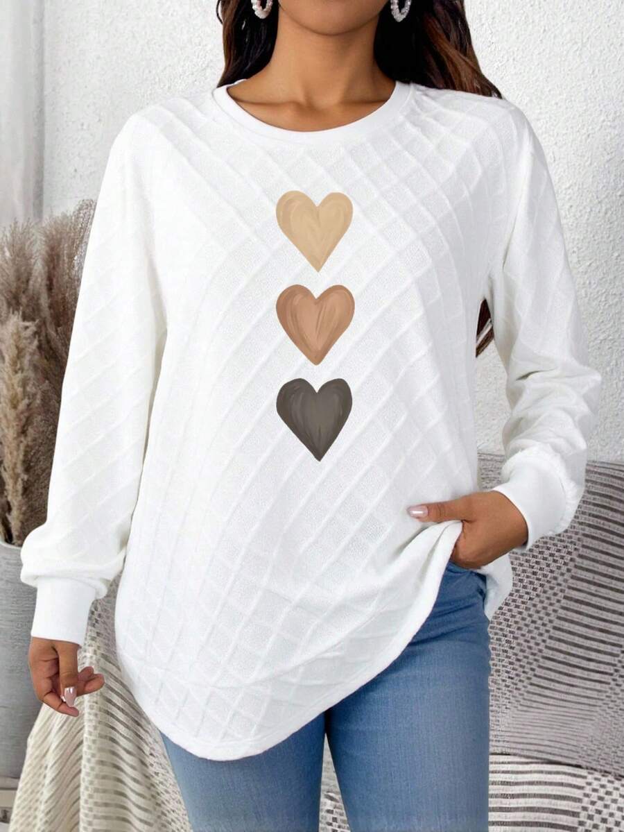 EMERY ROSE Gradient Heart Rhombus Grid Plus Size Women's Long Sleeve Sweatshirt Winter - White - View 1