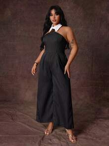 Rustia Plus Size Women's Casual Elegant Striped Jumpsuit - Black and White - View 4