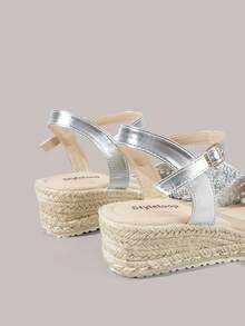 Styleloop Women's Hemp Rope Straw Woven Wedge Heel Silver Ankle Strap Woven Women's Wedge Heel Shoes Sandals Hemp Rope Shoes Boho Style - Silver 3 - View 6