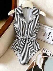 SHEIN Franclia 女士优雅法式针织条纹 Polo 领连体衣，纽扣系带设计，适合夏季海滩、度假和休闲穿着。 - 藏蓝色 - 查看 4