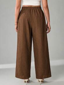 SHEIN Tall CURVE 大尺碼女款純色腰部綁帶直筒寬鬆長褲 - 棕色 - 查看 5