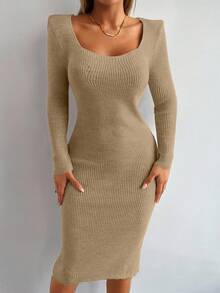 EURMUSE Vestido de punto acanalado de unicolor con escote en V para mujer, otoño/invierno - Camel - Ver 5