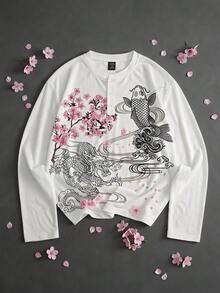 ROMWE MEN Anime Men's Printed Pattern Henley Neck Loose Long Sleeve T-Shirt - White - View 1