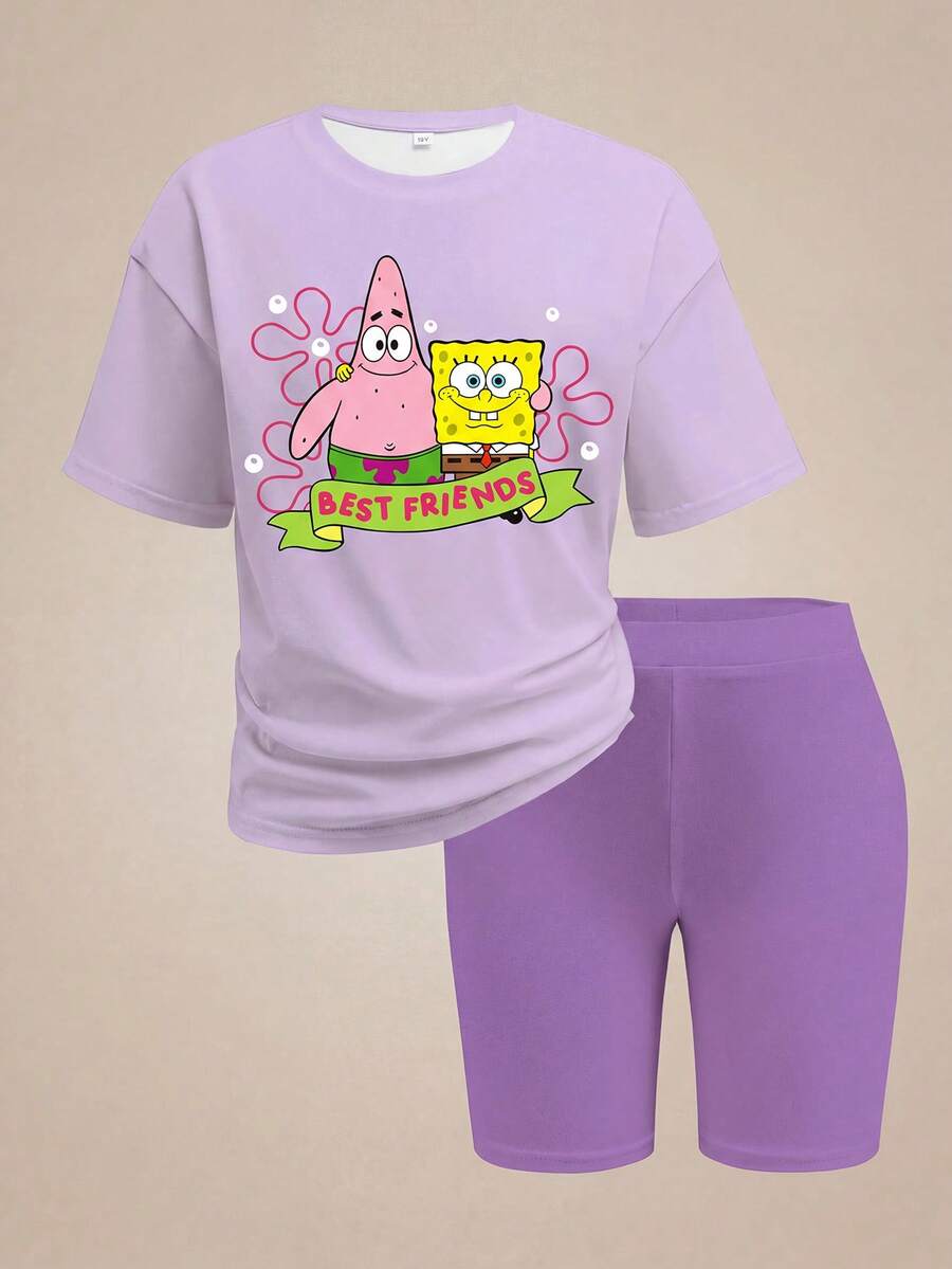 SpongeBob SquarePants | SHEIN 少女休闲卡通印花T恤短裤套装，夏季 - 白色 - 查看 1
