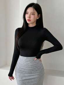 DAZY 女款素色立領長袖修身百搭T恤 - 黑色 - 查看 6
