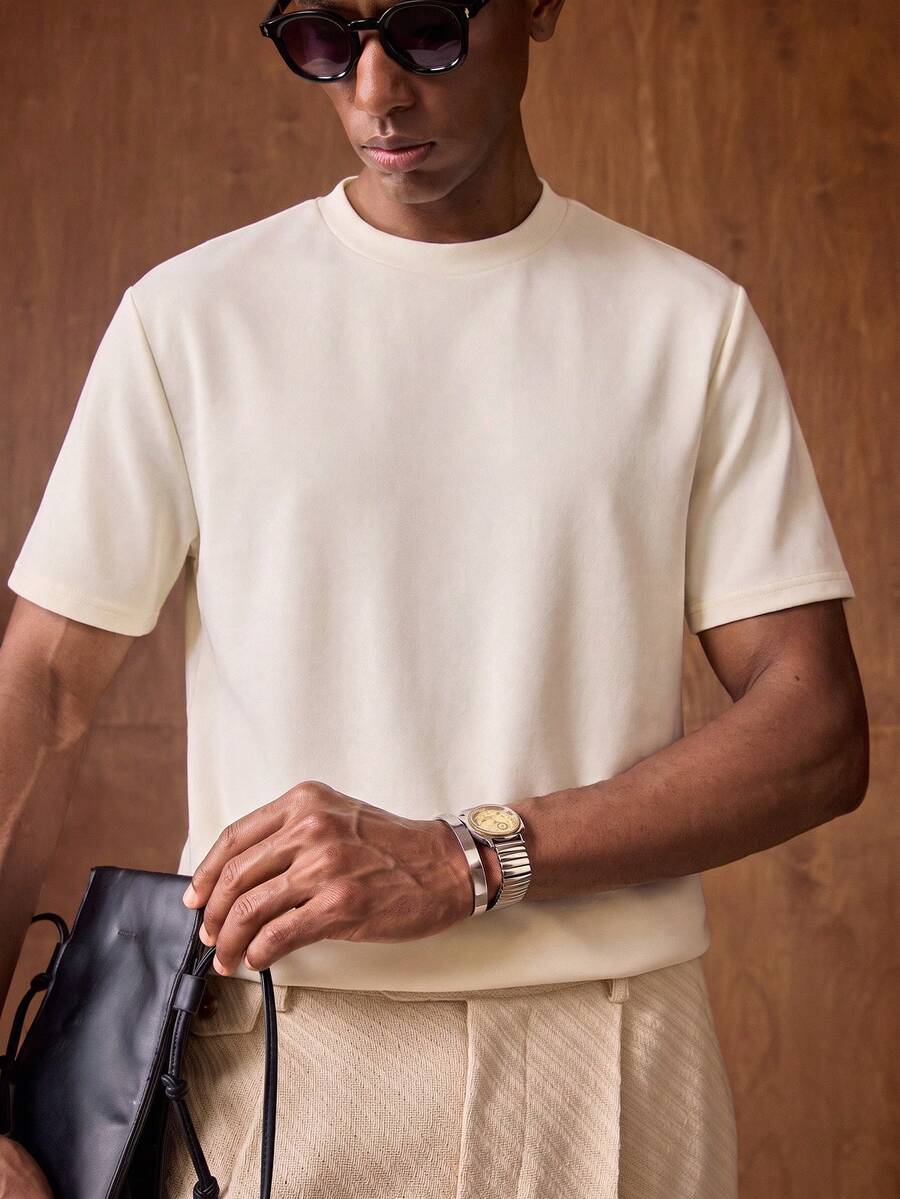 AKNOTIC Men's Summer Casual Versatile Solid Color Short Sleeve T-Shirt - Apricot - View 1