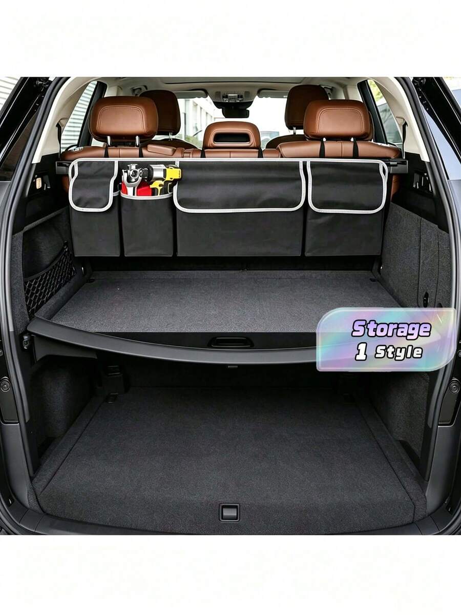 Universal Car Seat Back Storage Bag, Large Capacity Oxford Cloth Car Trunk Organizer Bag With Multiple Pockets, Multi-Functional Storage Net Pouch, Car Storage Solution - Black - View 1
