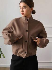 Dazy Tall Jaket Kasual Wanita Lengan Panjang Longgar dengan Kerah Tegak untuk Musim Gugur - Coklat - View 5