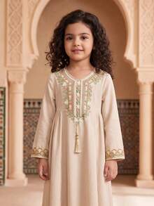 SHEIN Young Girl Woven Round Neck Patchwork Ribbon Loose Casual Dress, Young Girl Floral Young Girls Jalabiya, Elegant Vintage Floral Embroidered Print Midi Dress, Young Girl Casual Minimalist Traditional Long Sleeve Arabian Dress Suitable For Spring/Summer, Festival Style Matching Family Vacation, / Young Girl Elegant Modest Long Sleeve Dress, Prayer Abaya, Easy Comfort, Casual Wear, Vacay Vibes, Modest Kaftan, Young Girls Jalabiya, Girl Jalabiya, Apricot Dress, Mommy & Sisters & Me - Apricot - View 8