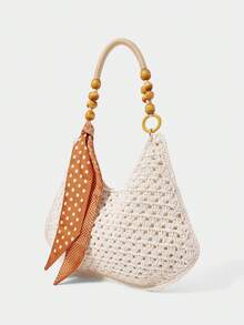 SHECARRY Women's Fashionable Elegant Simple Spring And Summer Vacation Beach Straw Woven Silk Scarf Decoration Wooden Beads Shoulder Strap Design Shoulder Bag - White - View 4