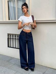 Rivivi 女款高腰鈕扣腰口袋時尚百搭休閒街頭風牛仔褲，海軍藍，夏季日常外出穿搭 - 藍色 - 查看 6