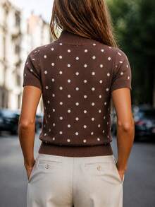 SHEIN Áo len dệt kim nữ cổ giả ôm sát tay ngắn họa tiết chấm bi - Cà phê nâu - Xem 2