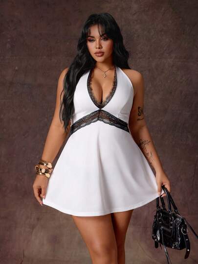 Rustia Vestido minimalista de estilo sexy, ajustado y estilizado, con contraste en blanco y negro, encaje, cuello halter y espalda descubierta