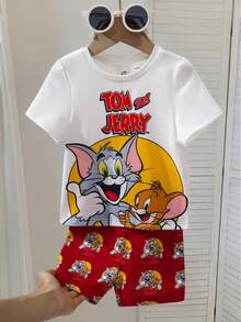 TOM & JERRY X SHEIN 女嬰字母印花圓領短袖休閒T恤與短褲休閒套裝 - 紅白色 - 查看 3