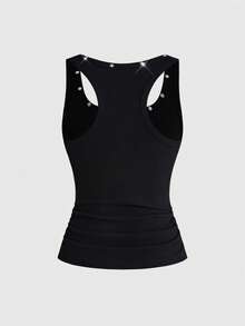 ROMWE Grunge Punk Tank Top Pas Badan dengan Motif Bintang Slogan Punk Metal, Gaya Grunge Emo Girl, Estetika Sedih dan Tertekan, Motif Bintang dan Rivet. - Hitam - View 2