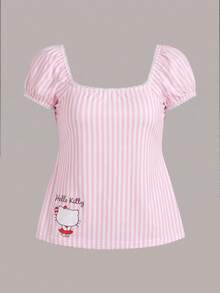 CovetEZ HELLO KITTY AND FRIENDS | SHEIN 休閒極簡可愛聯名卡通對比蕾絲裝飾條紋女款T恤，適合春/夏 - 彩色 - 查看 7