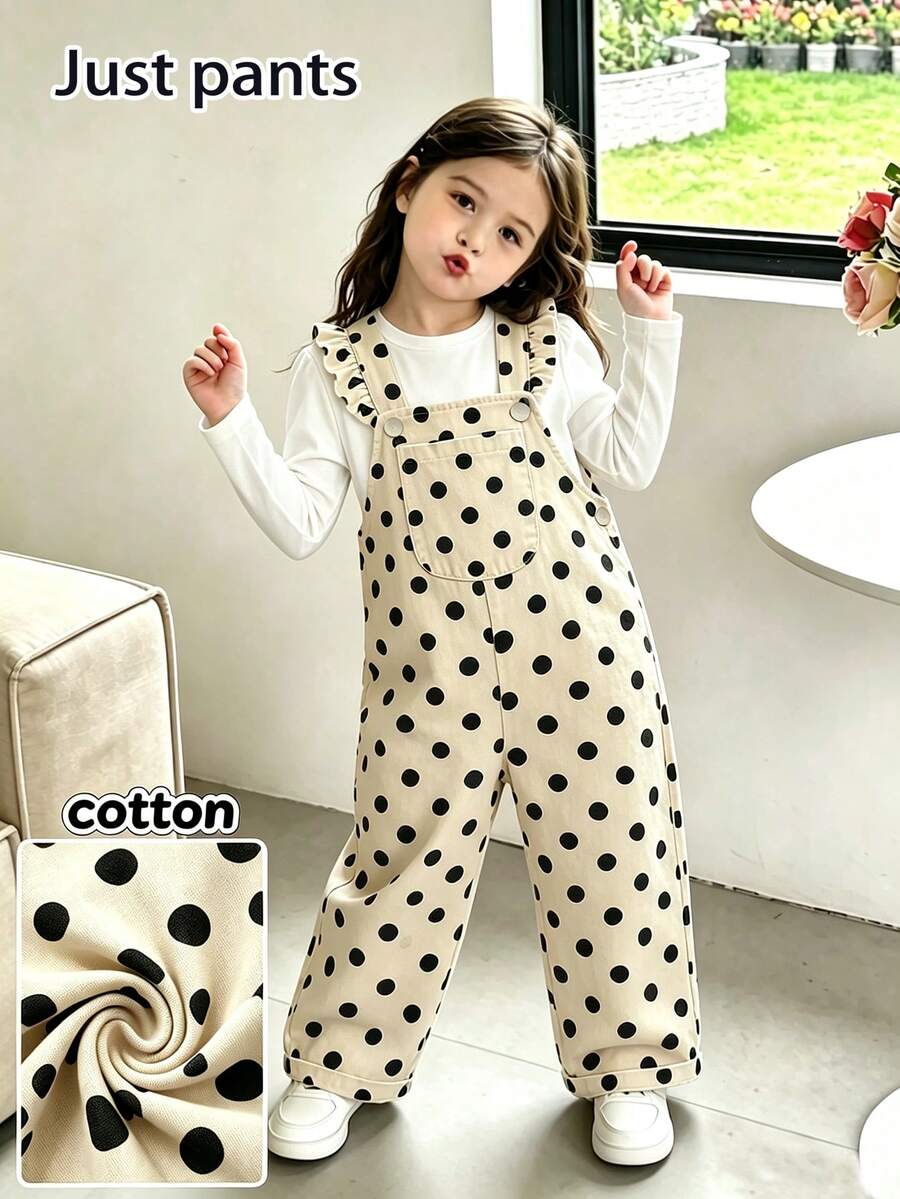 SHEIN Vintaside Kids 1件女嬰復古奶油白配黑色波點牛仔休閒可愛吊帶褲,荷葉邊肩帶,大口袋,寬鬆大腿褲管,適合外出、派對、返校 - 黑與白 - 查看 1