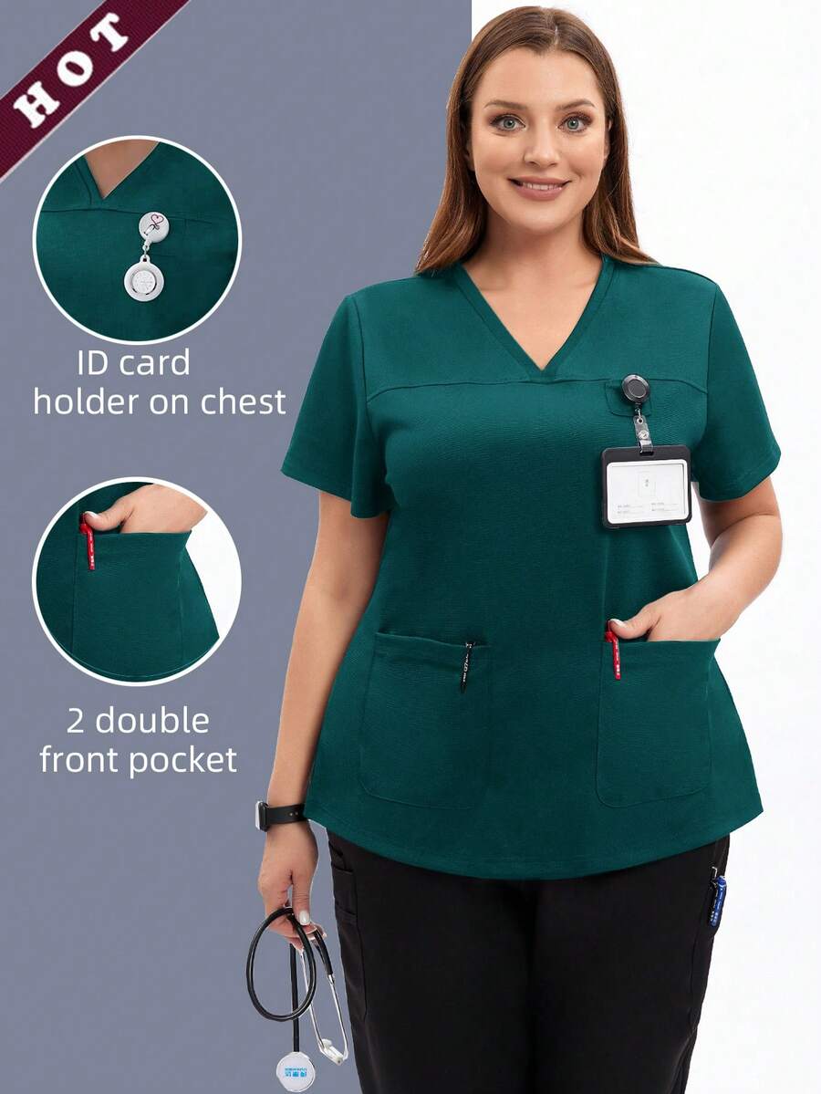TaskEZ Scrub Tops For Women - Sweetheart V-Neck Scrub Top ,Women Short Sleeve V-Neck Nurse Uniform - Green - View 1