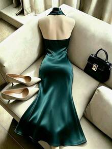 SHEIN Franclia Elegant Solid Color Cowl Neck Backless Halter Dress - Dark Green - View 2