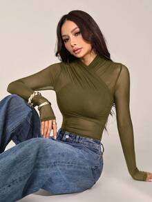 SHEIN PETITE 女款性感純色網紗包覆式連身衣，透視長袖 - 軍綠色 - 查看 2