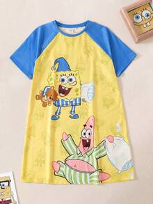 SpongeBob SquarePants | SHEIN Tween Girl Cartoon Print Raglan Short Sleeve Loungewear Dress - Yellow - View 1
