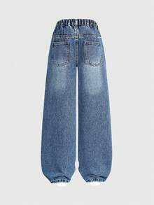 SHEIN Elladie kids Denimly 春夏女童心形刺繡破洞直筒寬鬆時尚休閒可愛百搭牛仔褲，丹寧藍，適合假期與校園 - 深色水洗藍 - 查看 3