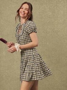 WESTFADE Tie Neck Button Front Short Puff Sleeve Tiered Ruffle Drop Waist Plaid Gingham Mini Dress, Western, Female Country Look, Cowgirl, Rodeo, Fall, Autumn - Black - View 5