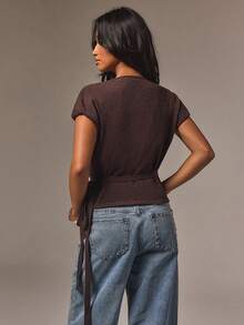 Athîral Women's Solid Color V-Neck Knotted Waist Casual Daily Knit Top - Coffee Brown - View 2