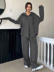 Dazy Tall Setelan Kasual Wanita 2 Potong Terdiri dari Gaun Hoodie dan Celana Longgar untuk Musim Gugur - Grey - View 4