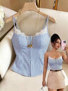 SHEIN Raffinéa Y2K復古夏季女款藍白條紋對比蕾絲鈕扣細肩帶背心，優雅度假短版上衣，適合派對、夜店及日常穿著 - 藍色 - 查看 1