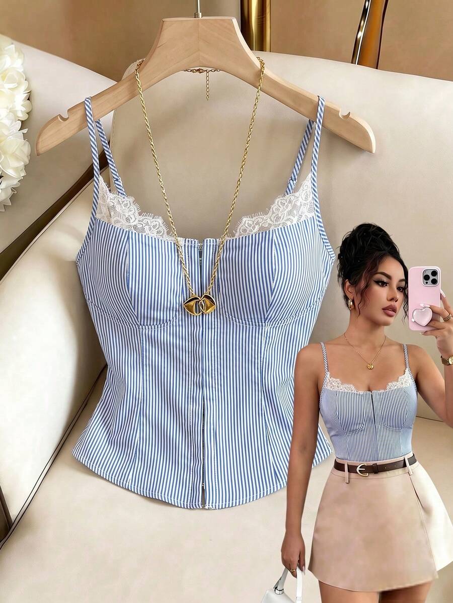 SHEIN Raffinéa Y2K復古夏季女款藍白條紋對比蕾絲鈕扣細肩帶背心,優雅度假短版上衣,適合派對、夜店及日常穿著 - 藍色 - 查看 1