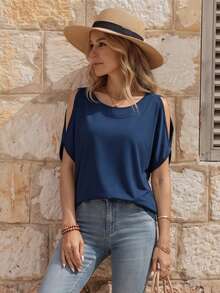 EMERY ROSE Women's Solid Color Round Neck Casual Versatile Daily Wear T-Shirt - Navy Blue - View 2