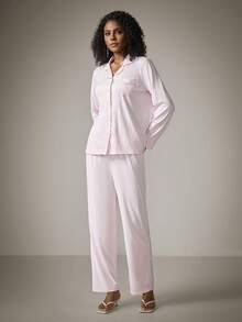 DreamPoppy 2pcs Women Lapel Button Down Long Sleeve Top + Elastic Waist Pants Pajama Set - Pink - View 5