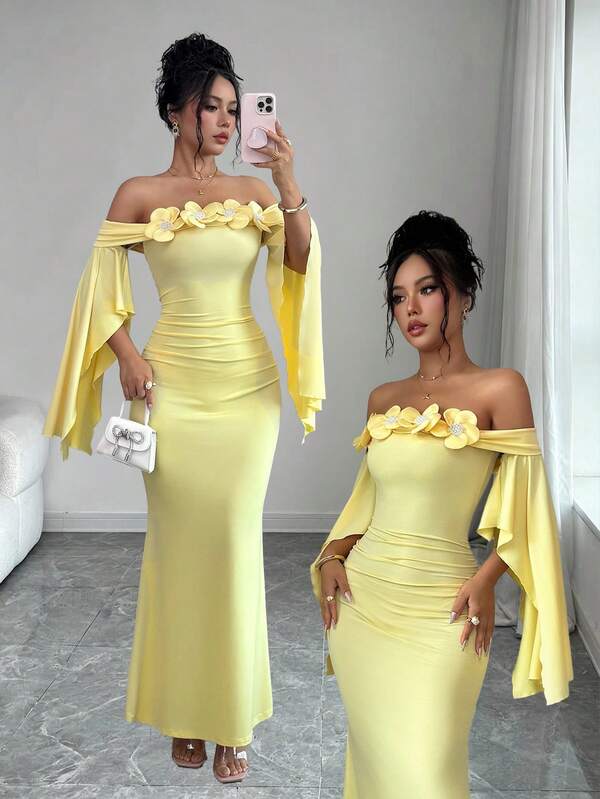 SHEIN Elenzya Women's Solid Color 3D Flower Decor Off-Shoulder Bell Sleeve Fitted Elegant Long Dress