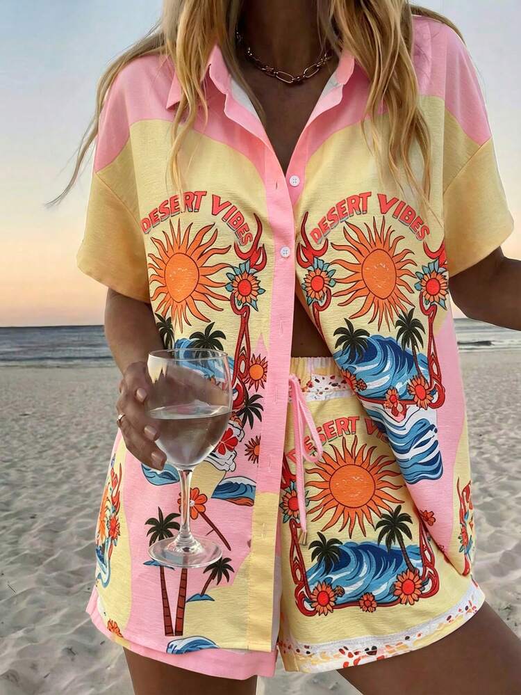 Vaclyn Women's Vacation Casual Tropical Faux Linen Textured Woven Fabric 2-Piece Set, Loose Shirt Jacket With Elastic Waist Short Top, Suitable For Party - Multicolor - View 4