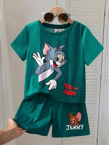 TOM & JERRY X SHEIN 小男孩卡通印花短袖T恤與短褲休閒套裝 - 綠色 - 查看 3