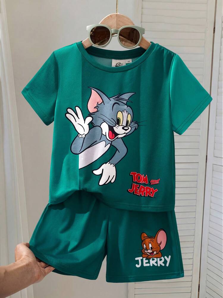 TOM & JERRY X SHEIN Young Boy Cartoon Print Short Sleeve T-Shirt And Shorts Casual Set - Green - View 3