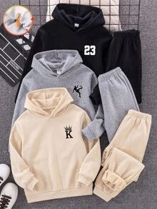 SHEIN 3件組兒童青少年男孩休閒百搭款黑色灰色卡其色多色連帽套頭衛衣，適合通勤、上學、日常休閒外出、運動，秋冬穿著 - 彩色 - 查看 5