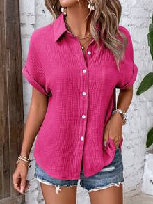 EMERY ROSE Women's Solid Color Batwing Short Sleeve Single-Breasted Casual Pocket Shirt - Hot Pink - View 6