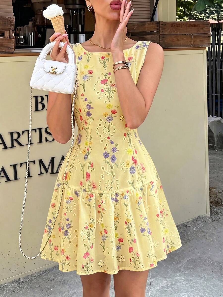 Flora Isola Flora Isola Women's Summer White Floral Print Hollow Embroidered Sleeveless Ruffle Trim A-Line Short Dress - Light Yellow - View 1