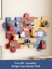 1 Set Colorful Puzzle Piece Pegboard Wall Organizer, Interlockable Plastic Hole Board Storage Rack With Hooks Shelves Bins, DIY Assemble Modular Wall Display Shelf For Stationery Decor Small Items, Space-Saving Kids Room Bedroom Wall Storage Decor - color - View 9