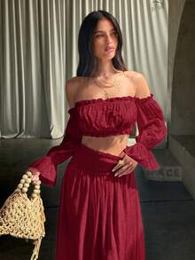 Opulessa 春夏度假純色梭織露肩上衣與裙子女款兩件套 - 酒紅色 - 查看 6