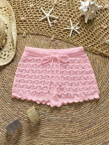 Soleia Knitted Crochet Drawstring Hollow Out Slim Fit Cover-Up Shorts - Pink - View 1