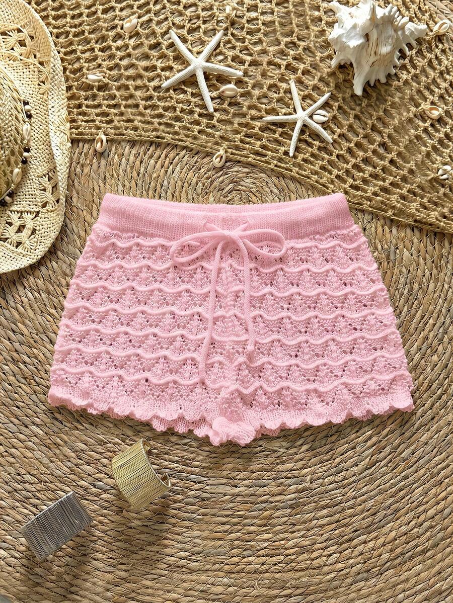Soleia Knitted Crochet Drawstring Hollow Out Slim Fit Cover-Up Shorts - Pink - View 1