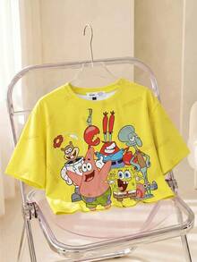 SpongeBob SquarePants | SHEIN 女款黄色卡通图案圆领短袖短款T恤 - 白色 - 查看 1