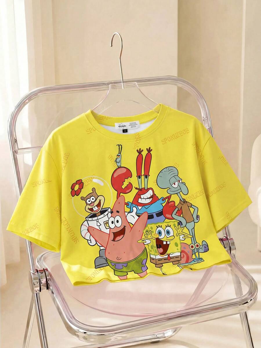 SpongeBob SquarePants | SHEIN 女款黄色卡通图案圆领短袖短款T恤 - 白色 - 查看 1