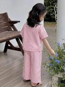 Dazy Kids 女童秋季圓領滿版印花無袖上衣＋長褲 梭織春夏兩件套 - 粉色 - 查看 2