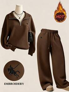 Olithes B157:Women's Embroidered Grey Sweatshirt 2-Piece Set - Coffee Brown - View 1